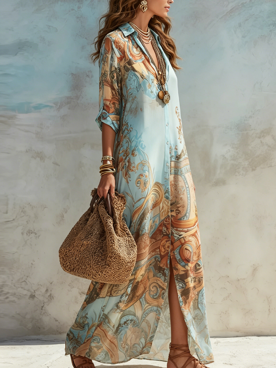 Vestido Maxi de Chiffon Floral Barroco Azul