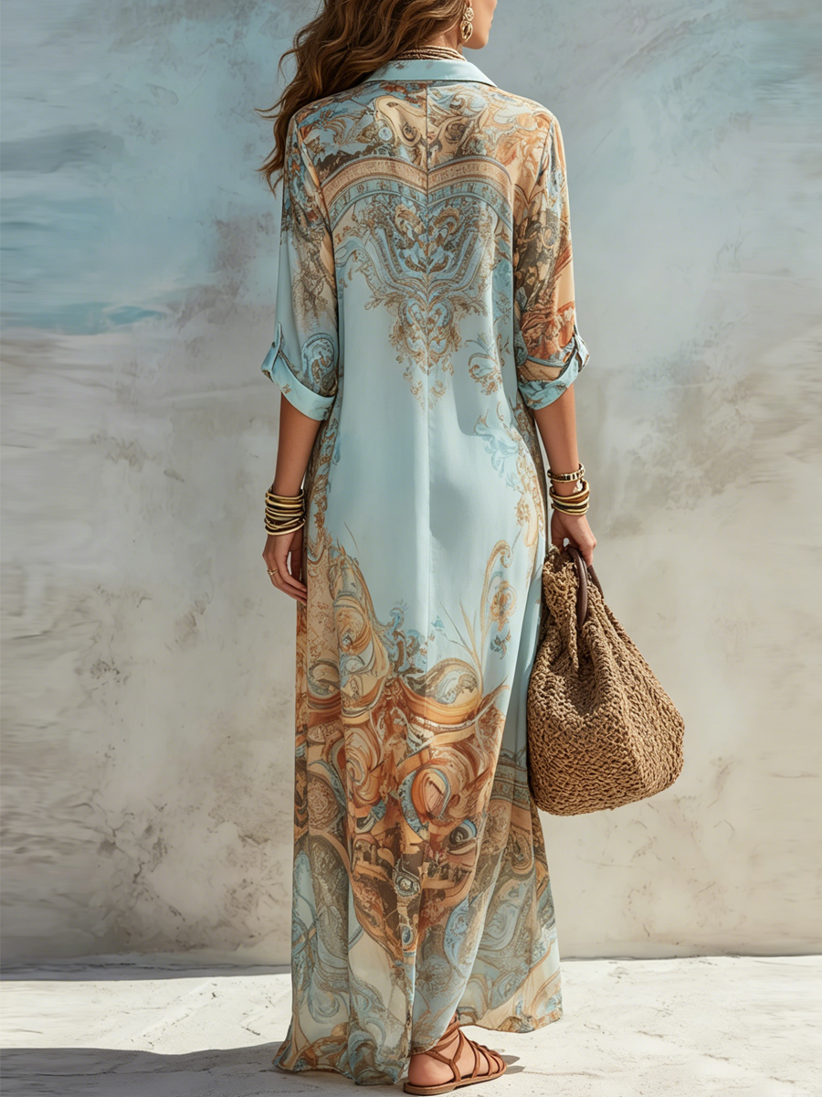 Vestido Maxi de Chiffon Floral Barroco Azul