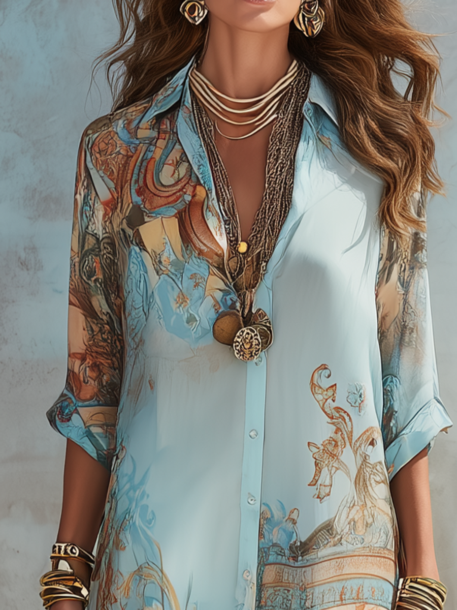 Vestido Maxi de Chiffon Floral Barroco Azul