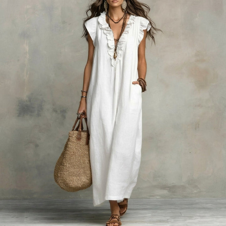 Josefina | Vestido largo con textura de lino con escote en pico y volantes