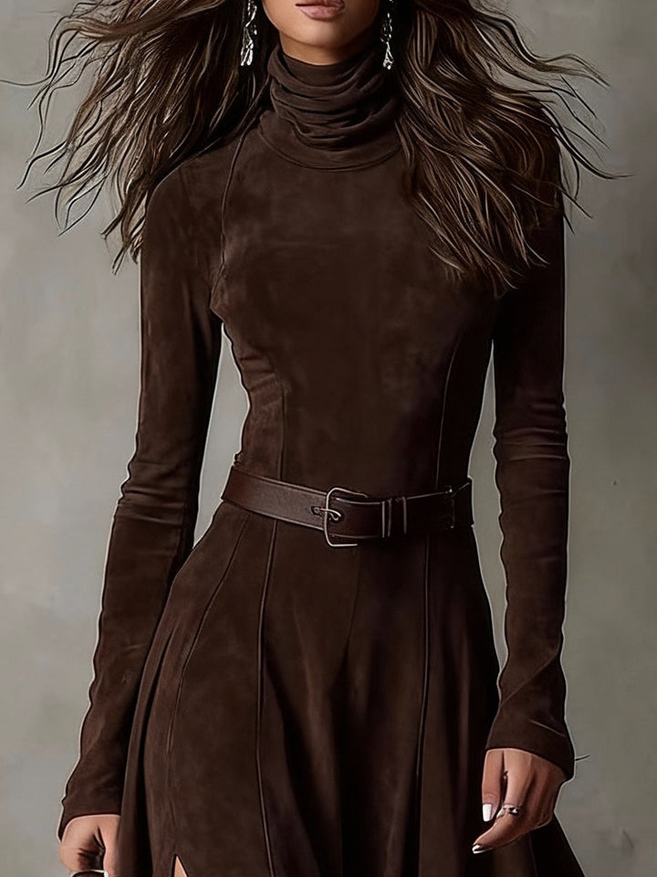 Vestido de Ante Sintético con Cuello Alto, Manga Larga y Abertura (Incluye cinturón)