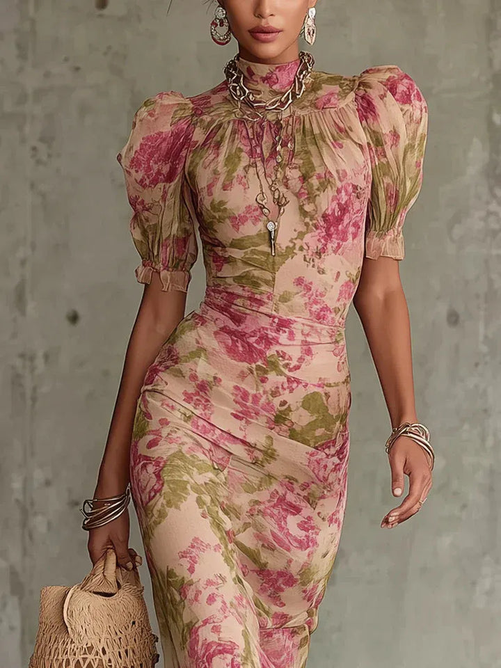 FIONA | VESTIDO LARGO CON ESTAMPADO VINTAGE DE ROSAS Y MANGAS ABULLONADAS